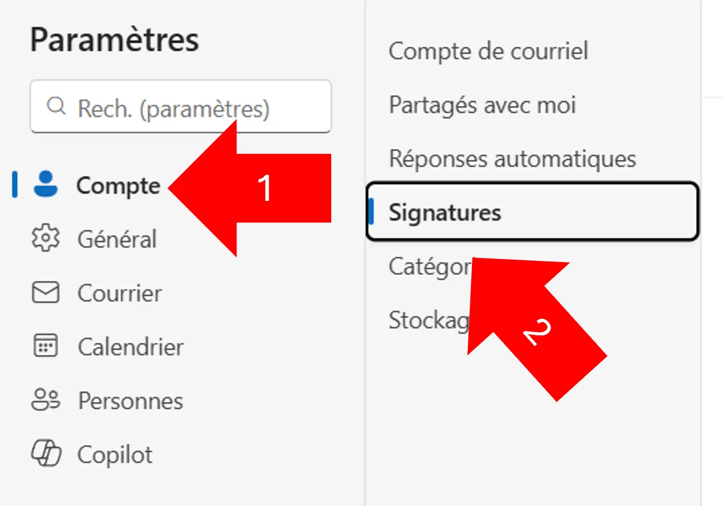 Le panneau Paramètres d'Outlook. La flèche 1 pointe « Compte » dans le menu de gauche ; la flèche 2 pointe « Signatures », encadrée, dans la liste du milieu, au-dessus de « Catégories » et « Stockage ».