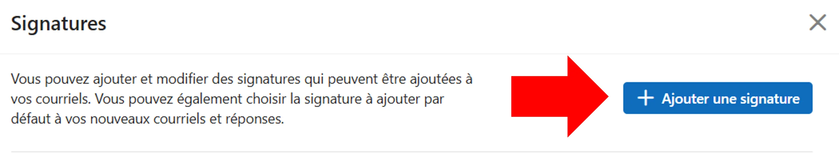 La section Signatures des paramètres d'Outlook. Une flèche pointe le bouton bleu « + Ajouter une signature ».