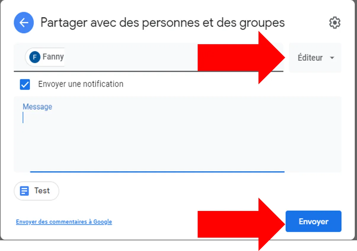 La fenêtre de partage avec le nom « Fanny » ajouté. Une flèche pointe le menu déroulant « Éditeur », à droite du nom ; une autre pointe le bouton bleu « Envoyer », en bas.